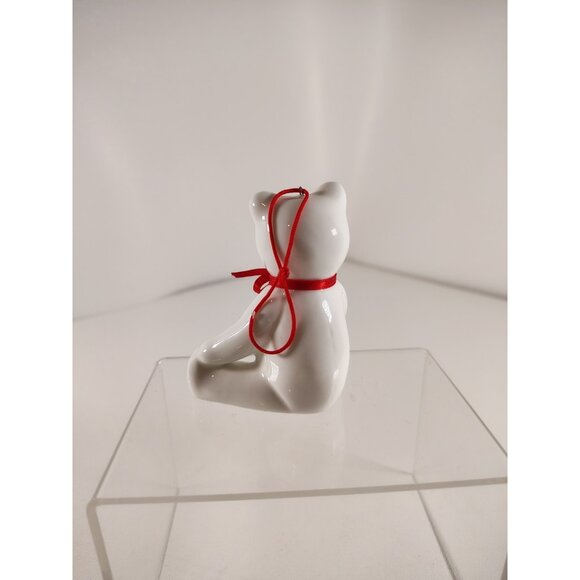 Department 56 White bone china Teddy Bear Christmas Hanging Ornament Red Bow 3" - Picture 4 of 5